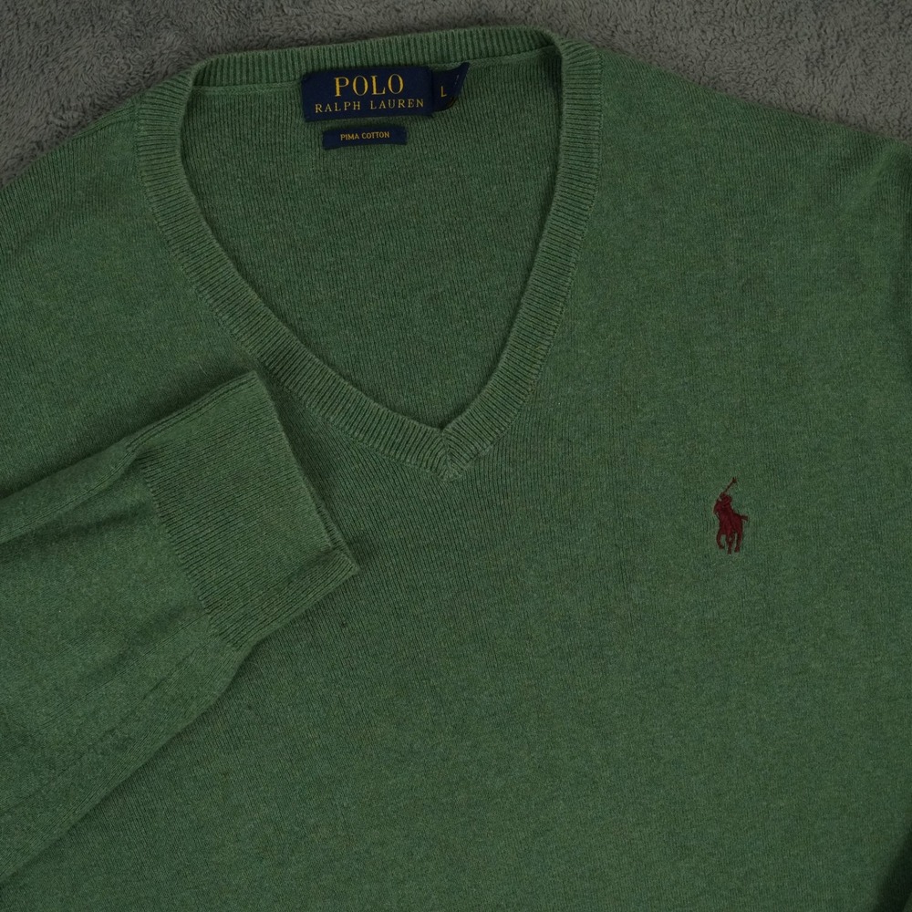 Polo Ralph Lauren Sweater Mens L Green Pima Cotton V-Neck Long Sleeve Pony Logo